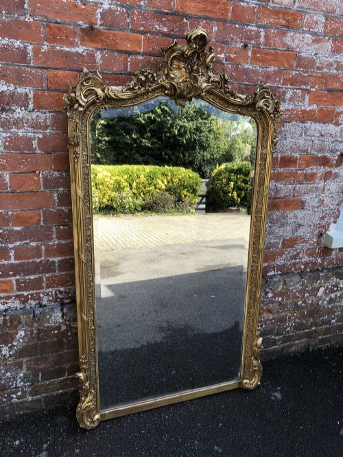 A Superb Large Antique French Mirror, 19th Century Carved Wood & Gesso Original Gilt Shaped Top Mirror.
