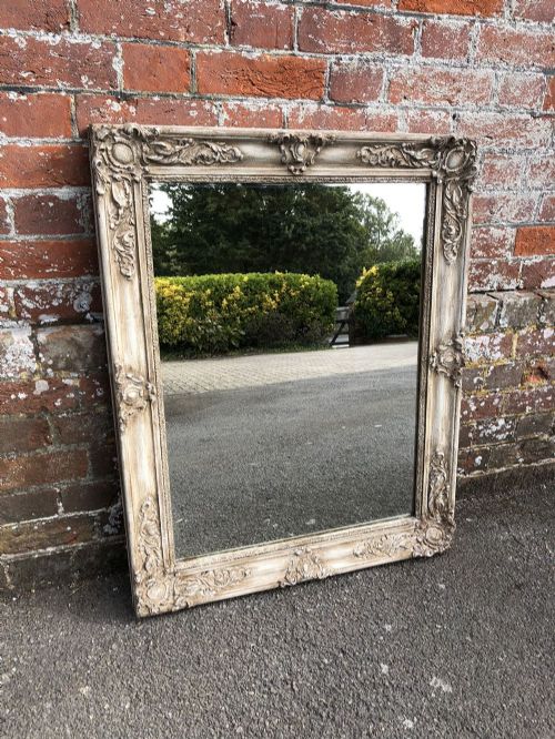 A Highly Useful Size Early Antique French Mirror 19th Century Carved Wood and Gesso Painted Louis Philippe Mirror.
