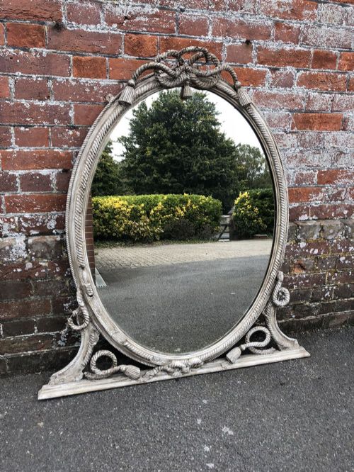 A Wonderful Useful Size Antique English Mirror 19th Century Carved Wood & Gesso Distressed Painted Oval Overmantel Mirror.