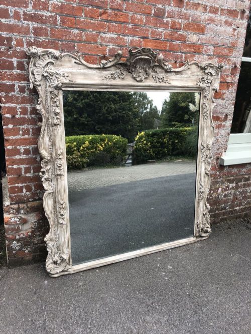 A Spectacular Large Antique French Mirror, 19th Century Carved Wood & Gesso Painted Mirror.