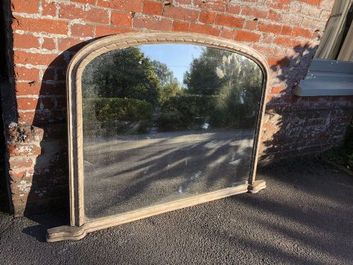 A Highly Useful Size Arched Top 19th Century Antique English Carved Wood & Gesso Painted Overmantle Mirror.