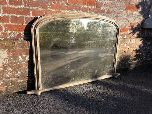 A Highly Useful Size Antique English Mirror 19th Century Carved Wood Painted Arched Top Overmantle Mirror.