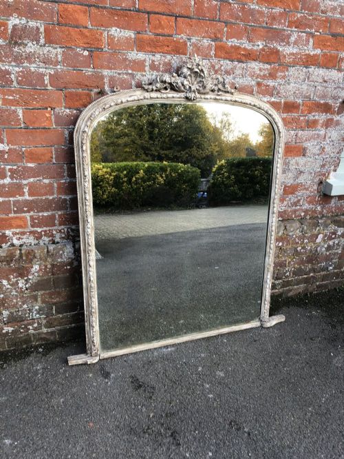 A Highly Useful Size Antique 19th Century English Carved Wood & Gesso Shaped Top Overmantle Mirror.