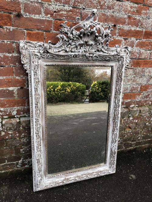 A Fabulous Antique French Mirror 19th Century Carved Wood and Gesso Distressed Painted Mirror.
