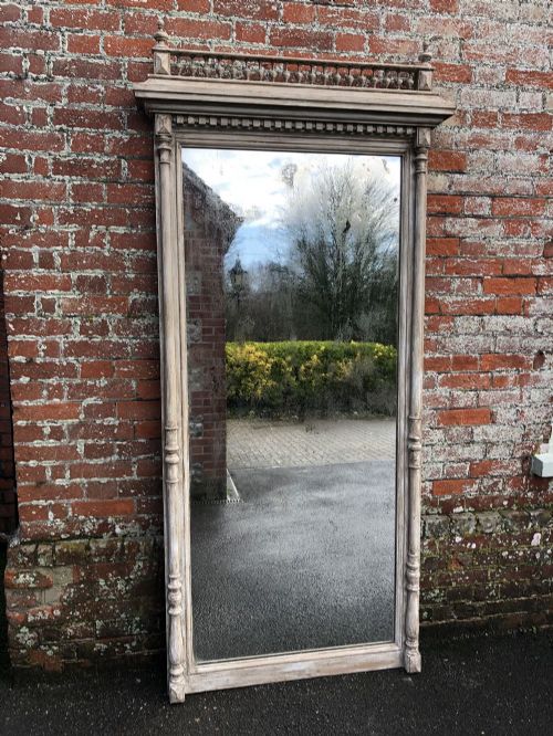 A Delightful Large Antique French 19th Century Carved Wood Painted Column Framed Mirror.
