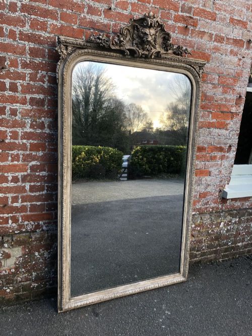 An Absolutely Stunning Large Antique French 19th Century Carved Wood & Gesso Arched Top Painted Mirror.
