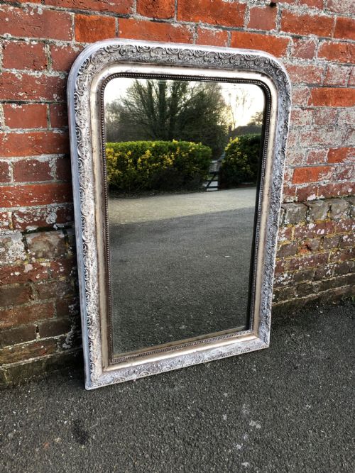 A Highly Useful Size Antique French 19th Century Carved Wood and Gesso Arched Top Original Silvered and Painted Mirror.
