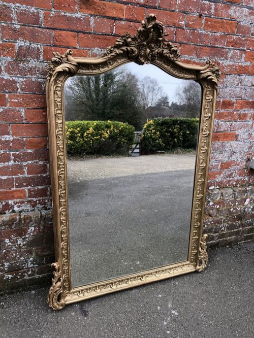 A Spectacular Large Antique French 19th Century Carved Wood & Gesso Gilt Shaped Mirror