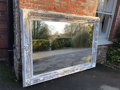 A Fabulous Large Antique English 19th Century Wood and Gesso Distressed Painted Mirror.