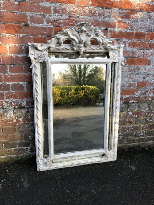 A Delightful Good Size Antique French 19th Century Carved Wood and Gesso Distressed Painted Cushion Mirror.