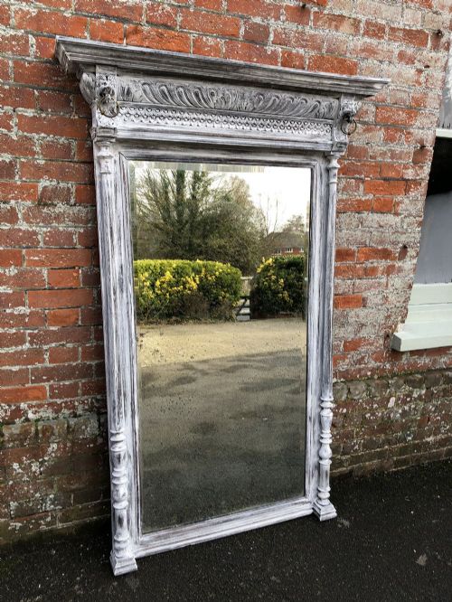 A Stunning Large Antique French 19th Carved Wood Distressed Painted Mirror.
