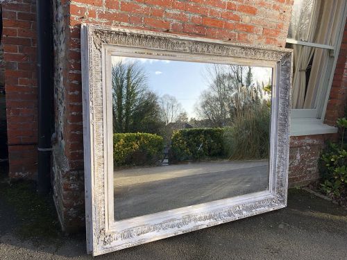 A Superb Large Antique English 19th Century Carved Wood and Gesso Distressed Painted Mirror.