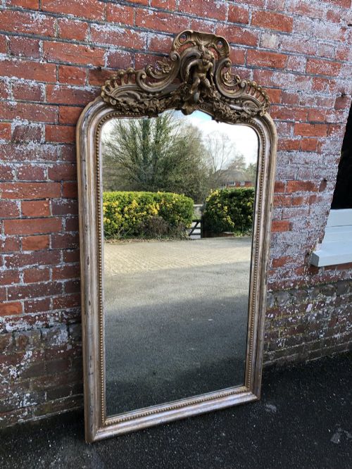A Fabulous Highly Decorative Large Antique French Carved Wood & Gesso Orignal Silver/gilt Shaped Top Mirror.
