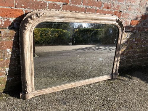 A Highly Useful Size Antique 19th Century French Carved Wood & Gesso Shaped Top Overmantle Mirror.