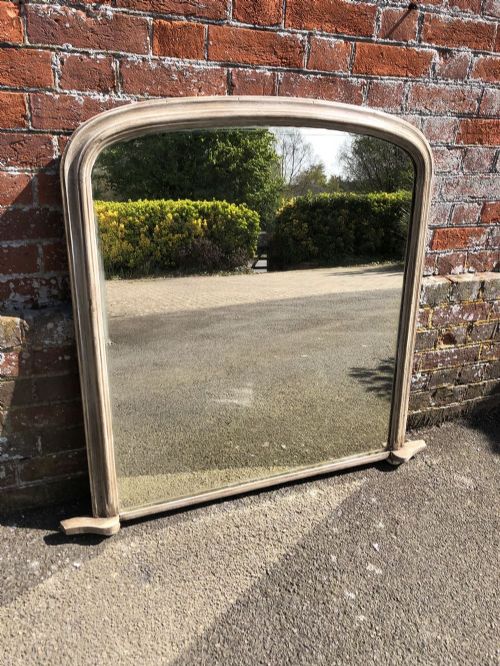 A Delightful Very Useful Size Antique English 19th Century Carved Wood & Gesso Arched Top Painted Overmantle Mirror.