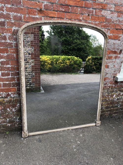 A Stunning Large Antique English 19th Century Carved Wood & Gesso Laurel Leaf Framed Arched Top Painted Mirror.