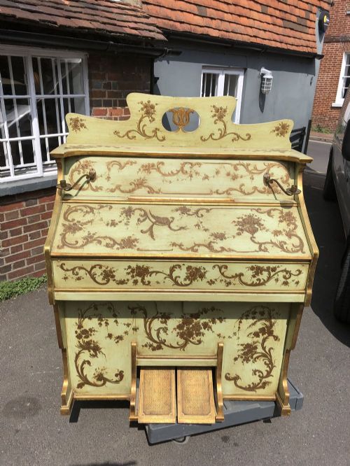 A Victorian Highly Decorative Painted Harmonium and Matching Chair