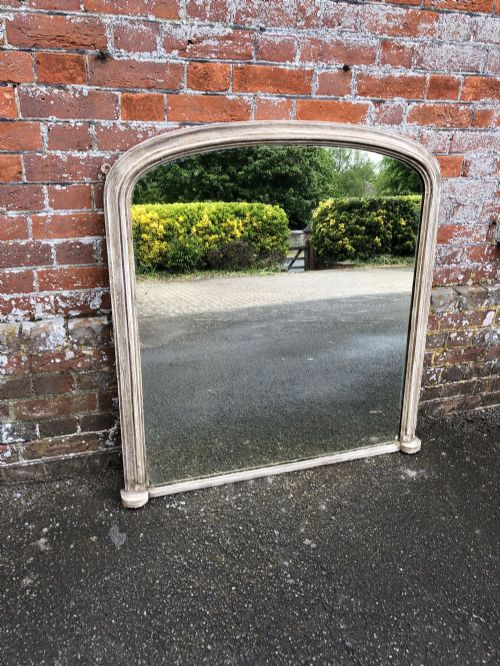 A Highly Useful Size Antique English 19th Century Carved Wood Painted Arched Top Overmantle Mirror.
