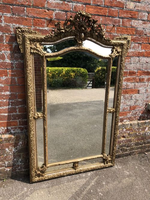 A Superb Large Antique French 19th Century Wood & Gesso Original Silver/gilt Distressed Shaped Top Cushion Mirror.