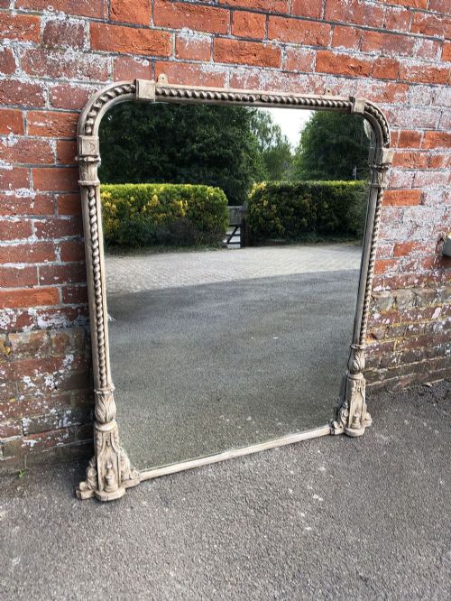 A Fabulous Large Antique English 19th Century Carved Wood & Gesso Arched Top Scroll Framed Painted Overmantle Mirror.