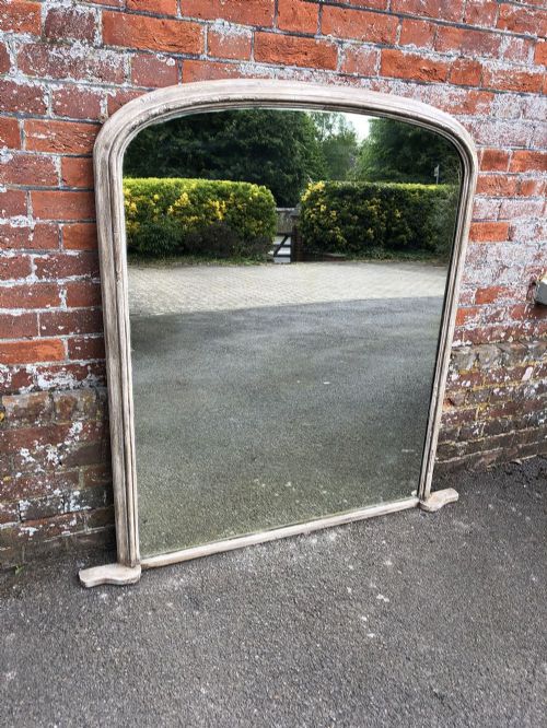 A Wonderful Large Antique English 19th Century Carved Wood & Gesso Arched Top Painted Overmantle Mirror.
