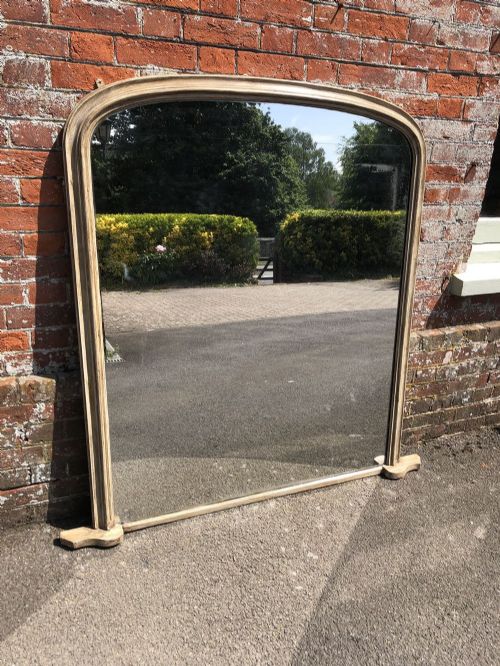 A Wonderful Large Antique English 19th Century Arched Top Painted Plain Carved Wood & Gesso Overmantle Mirror.