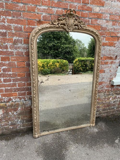 A Superb Large Antique French 19th Century Carved Wood & Gesso Arched Top Gilt Mirror.