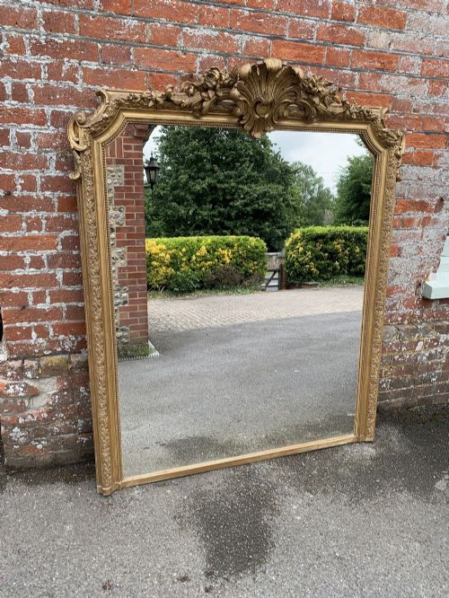 A Spectacular Large Antique 19th Century Carved Wood & Gesso Original Gilt Shaped Top Mirror.
