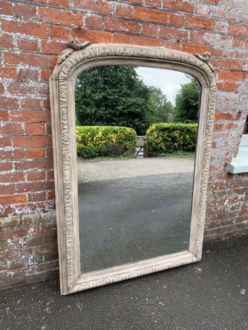 A Spectacular Large Antique 19th Century French Carved Wood Arched Top Distressed Painted Mirror.
