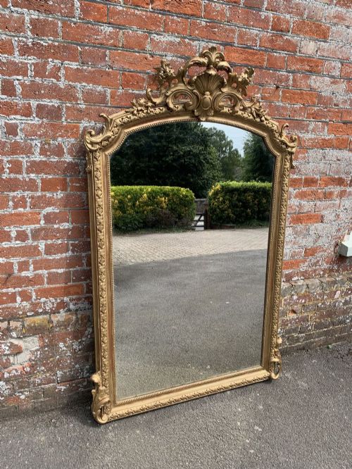 A Fabulous Large Antique French 19th Century Carved Wood & Gesso Original Gilt Shaped Top Mirror.