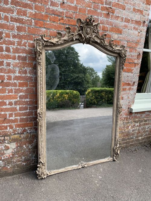 A Spectacular Large Antique French 19th Century Carved Wood & Gesso Painted Shaped Top Mirror.