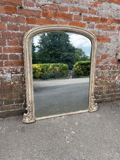 A Wonderful Good Size Antique 19th Century  English Carved Wood & Gesso Arched Top Painted Overmantle Mirror.