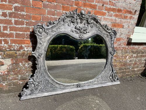 A Wonderful Good Size Shaped Top Antique 19th Century English Carved Wood and Gesso Painted Overmantle Mirror.