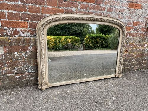 A Wonderful Useful Size Antique 19th Century English Carved Wood & Gesso Arched Top Painted Overmantle Mirror.