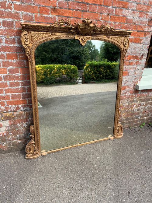 An Exceptional Large Antique 19th Century English Original Gilt Carved Wood & Gesso Overmantle Mirror.
