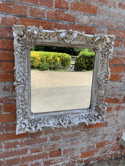 A Wonderful Useful Size Antique 19th Century English Carved Wood & Gesso Distressed Painted Mirror.