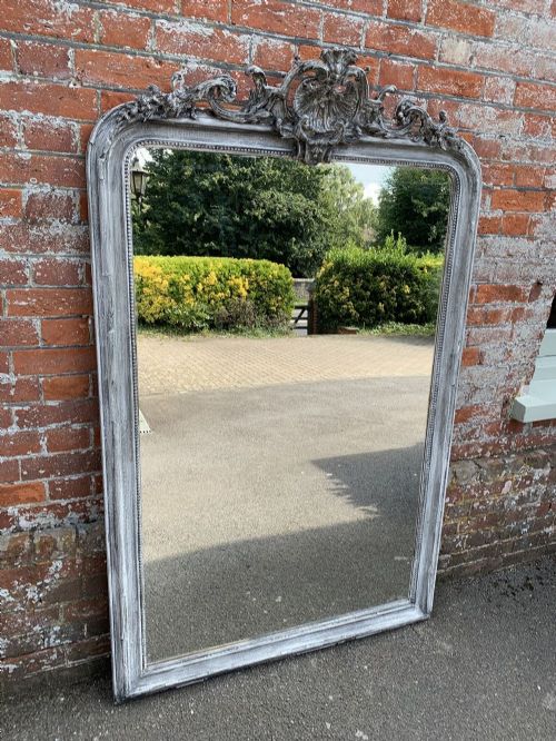 A Superb Large Antique 19th Century French Carved Wood & Gesso Arched Top Distressed Painted Mirror.