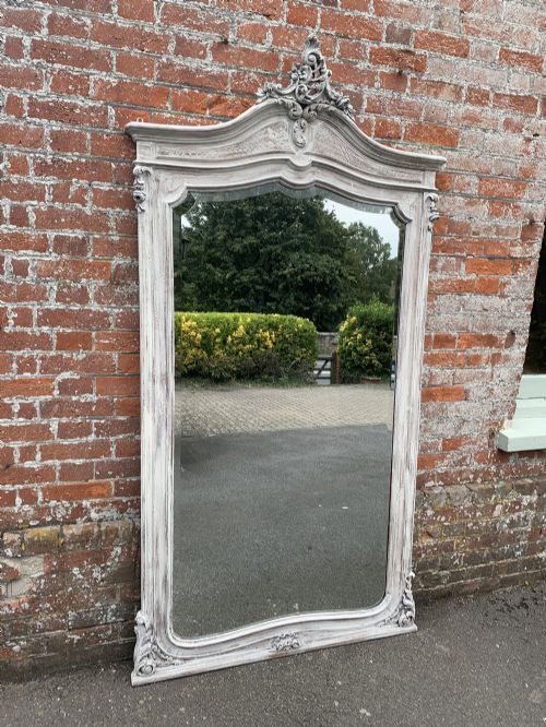 A Superb Large Antique 19th Century French Carved Wood Painted Shaped Top Mirror.