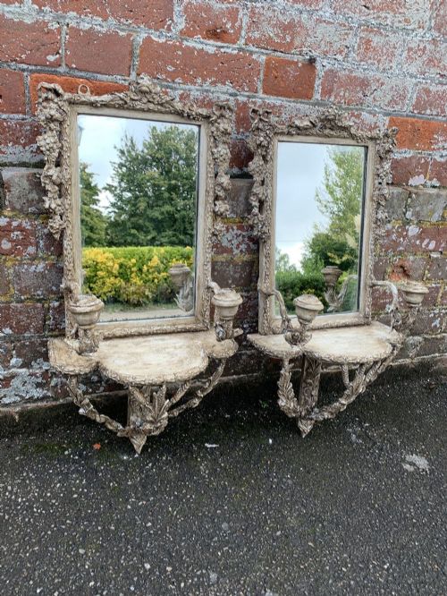 A Fabulous Pair of Antique French 19th Carved Wood & Gesso Painted Ornate Mirrored Wall Sconces.