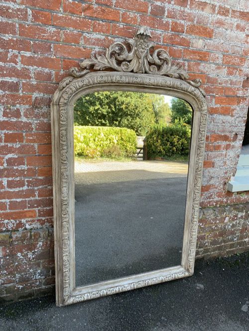A Spectacular Large Antique 19th Century French Carved Wood Arched Top Crested Painted Mirror,