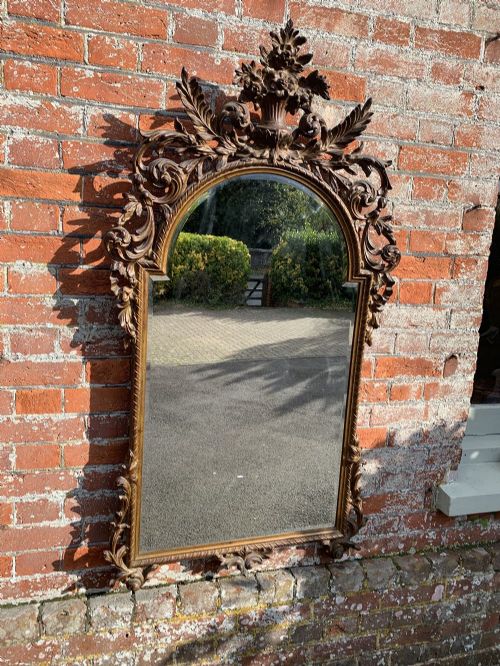 A Fabulous Good Size Antique 19th Century Italian Carved Wood & Gesso Shaped Top Mirror.