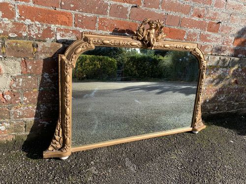 A Wonderful Highly Useful Size Antique French 19th Century Carved Wood & Gesso Shaped Top Gilt Overmantle Mirror.
