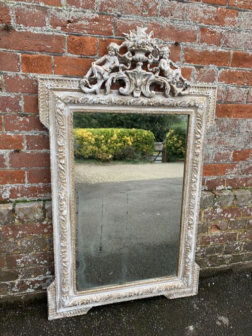 A Delightful Good Size Antique French 19th Century Carved Wood & Gesso Painted Mirror.