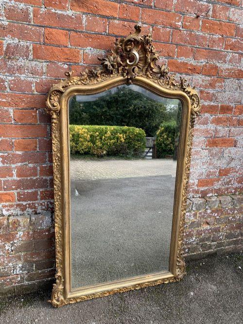 A Fabulous Large Antique French 19th Century Carved Wood and Gesso Original Silver/gilt Shaped Top Mirror.