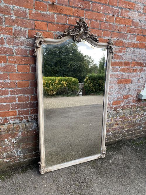 A Wonderful Large Antique French 19th Century Carved Wood & Gesso Shaped Top Painted Mirror.