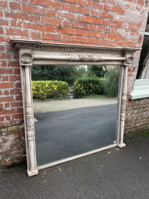 A Fabulous Large Antique English 19th Century Carved Wood and Gesso Painted Column Mirror.