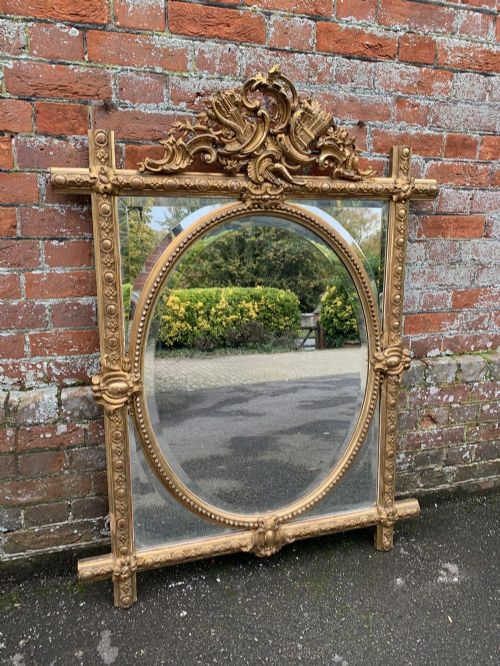 A Delightful Good Size Antique French 19th Century Carved Wood & Gesso Original Gilt Sectioned & Oval Cross Framed Mirror.
