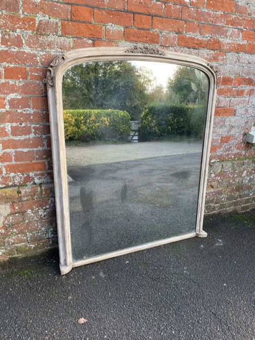 A Wonderful Large Antique English 19th Century Carved Wood & Gesso Arched Top Painted Overmantle Mirror.