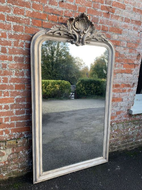 A Spectacular Large Antique French 19th Century Carved Wood and Gesso Arched Top Painted Mirror.