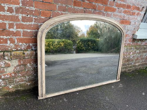 A Highly Useful Size Antique English 19th Century Carved Wood & Gesso Arched Top Distressed Painted Overmantle Mirror.